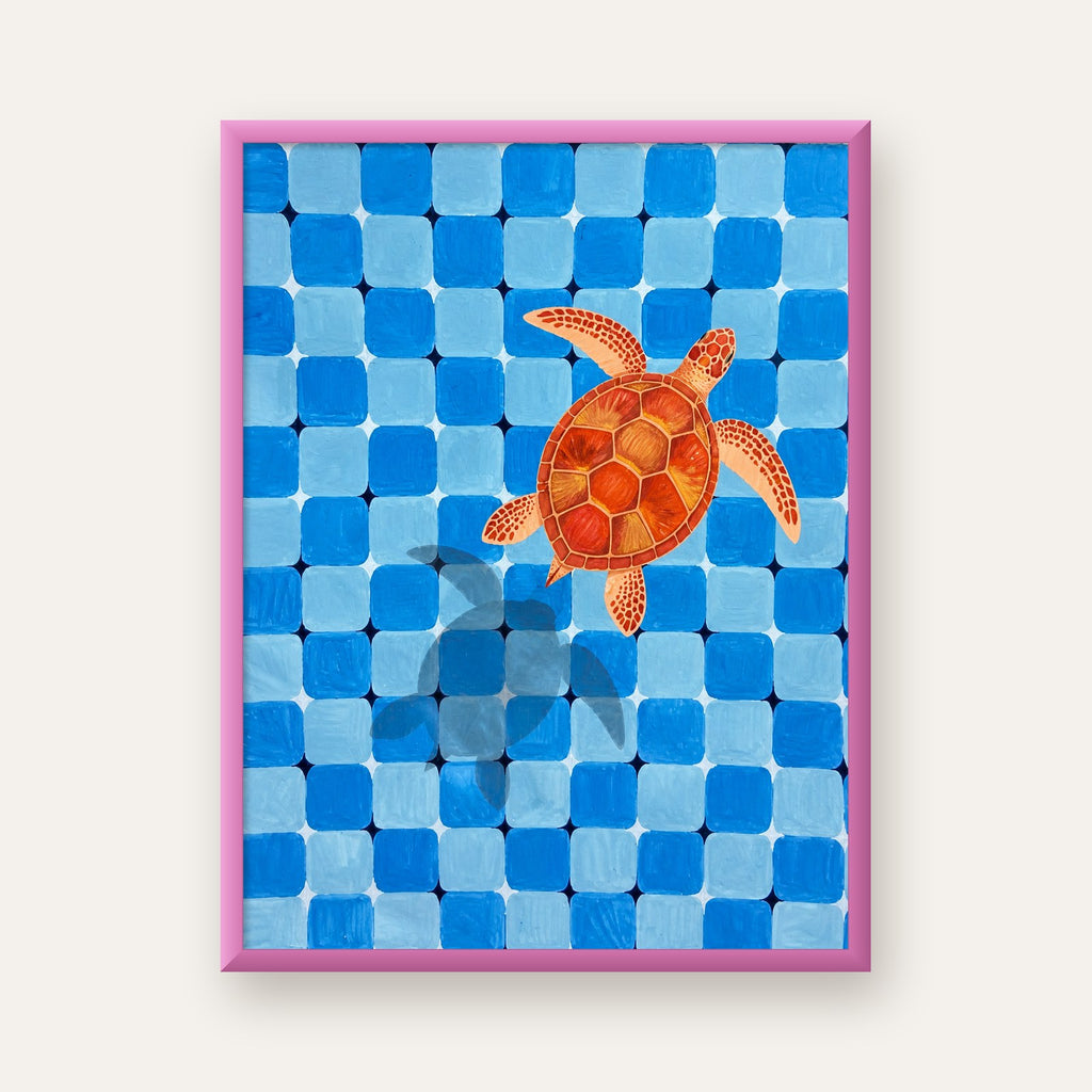 Deniz Kaplumbağası ve Mozaik Desen Modern Poster — pembe çerçeveli