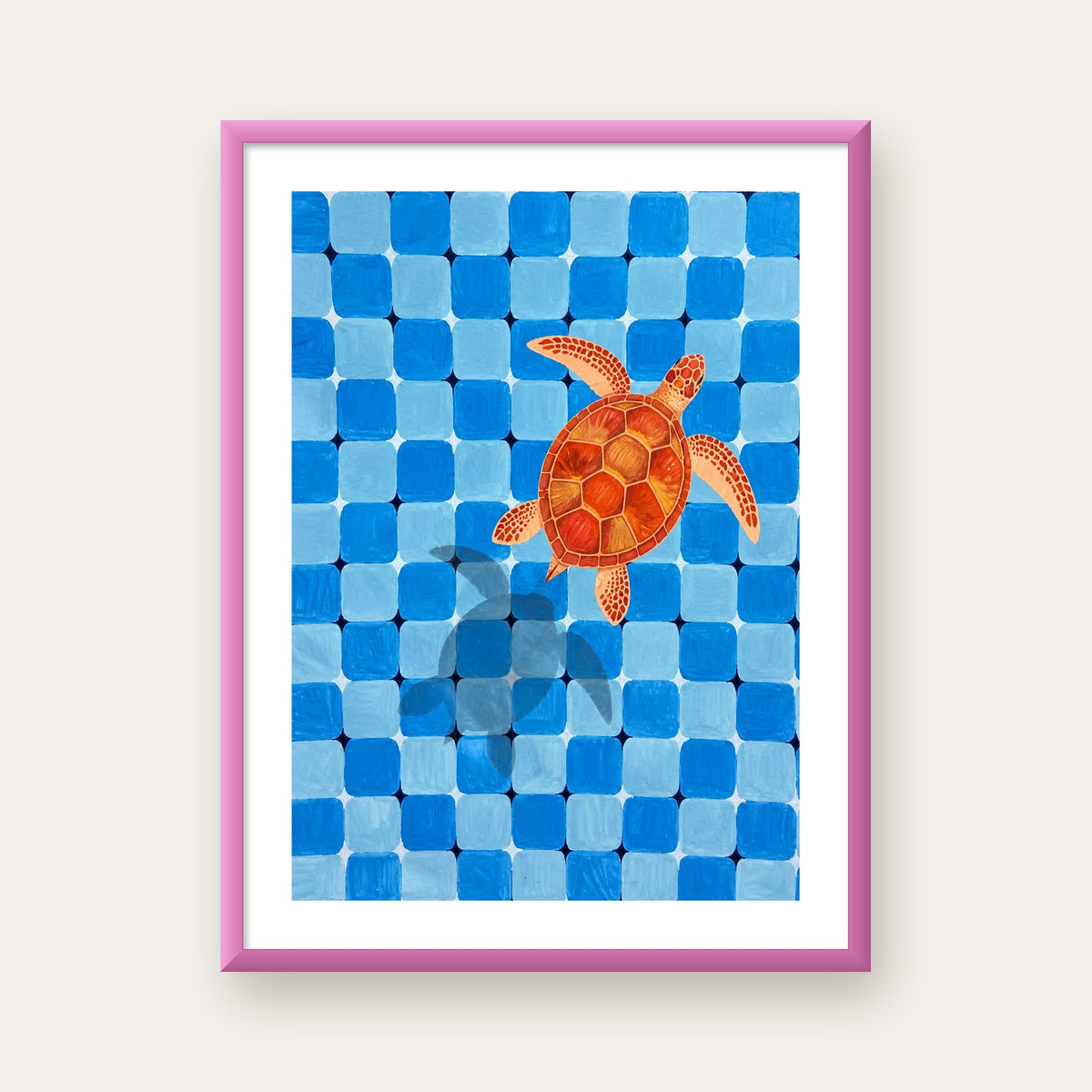 Deniz Kaplumbağası ve Mozaik Desen Modern Poster — pembe çerçeveli paspartulu