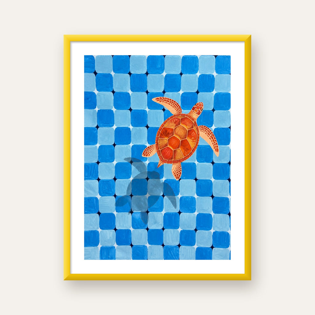 Deniz Kaplumbağası ve Mozaik Desen Modern Poster — sarı çerçeveli paspartulu