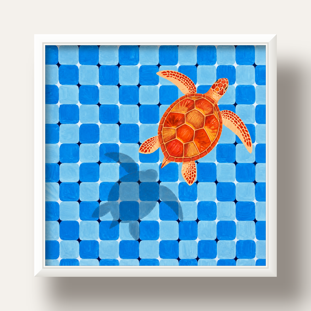 Deniz Kaplumbağası ve Mozaik Desen Modern Poster — beyaz derin çerçeveli