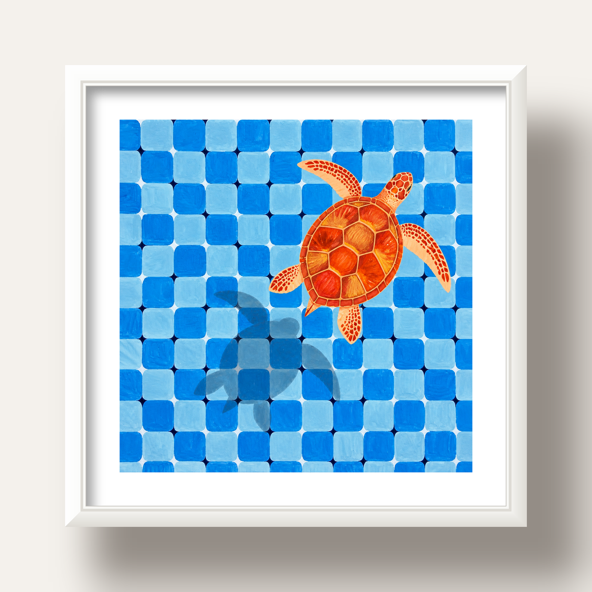 Deniz Kaplumbağası ve Mozaik Desen Modern Poster — beyaz derin çerçeveli paspartulu
