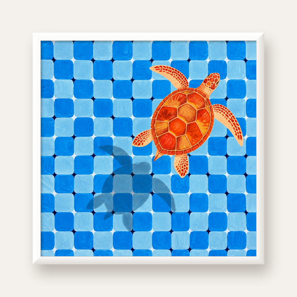 Deniz Kaplumbağası ve Mozaik Desen Modern Poster — beyaz çerçeveli kare poster