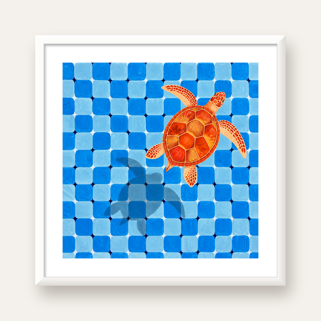 Deniz Kaplumbağası ve Mozaik Desen Modern Poster — beyaz çerçeveli kare poster