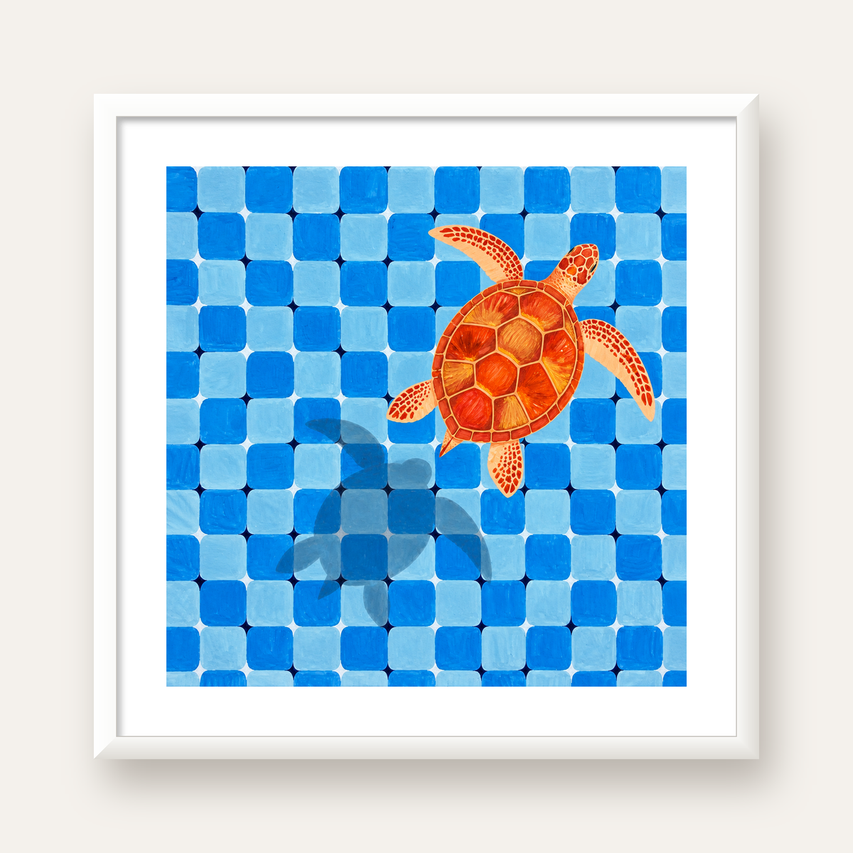 Deniz Kaplumbağası ve Mozaik Desen Modern Poster — beyaz çerçeveli kare poster