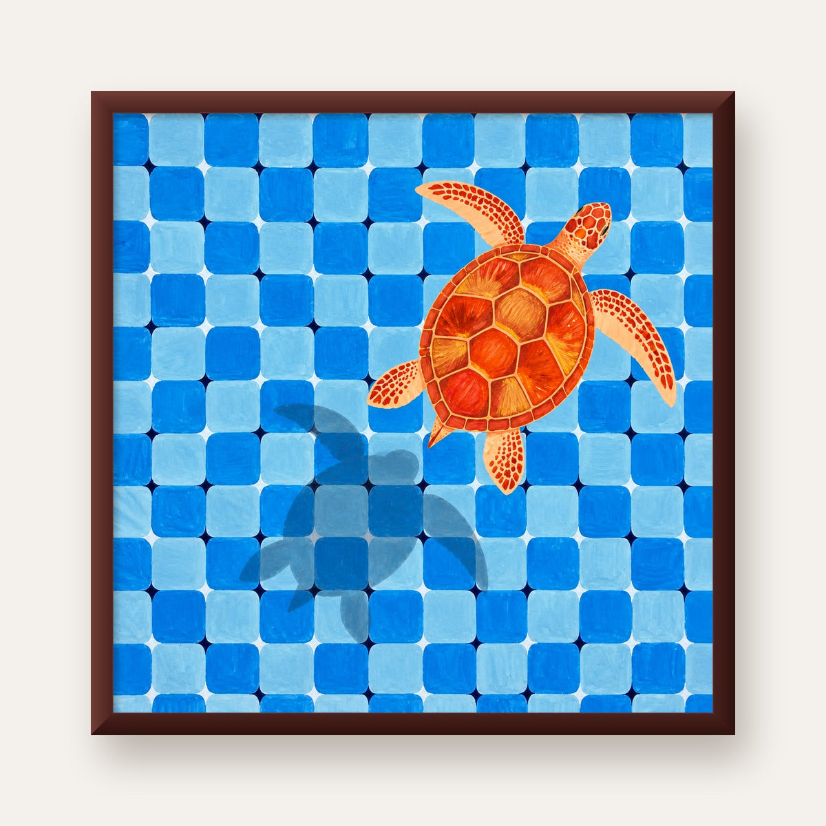 Deniz Kaplumbağası ve Mozaik Desen Modern Poster — ceviz çerçeveli