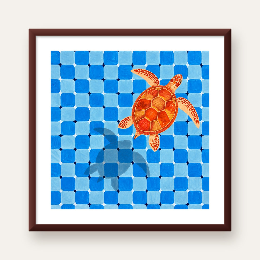 Deniz Kaplumbağası ve Mozaik Desen Modern Poster — ceviz çerçeveli paspartulu