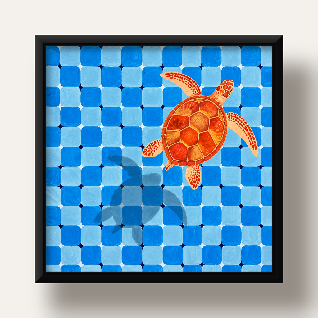 Deniz Kaplumbağası ve Mozaik Desen Modern Poster — siyah derin çerçeveli