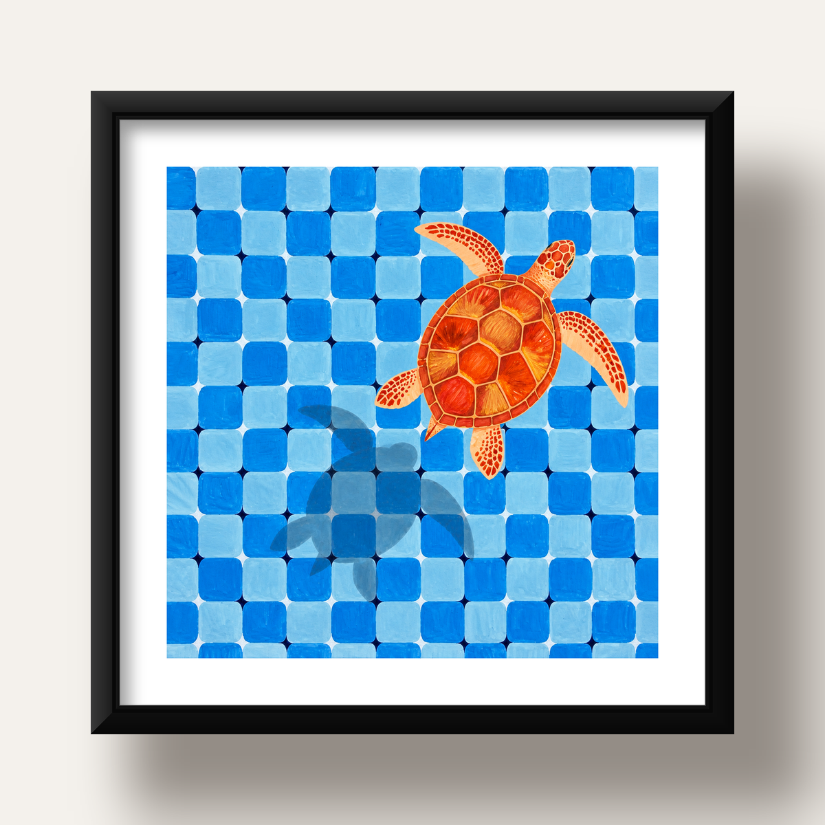 Deniz Kaplumbağası ve Mozaik Desen Modern Poster — siyah derin çerçeveli paspartulu