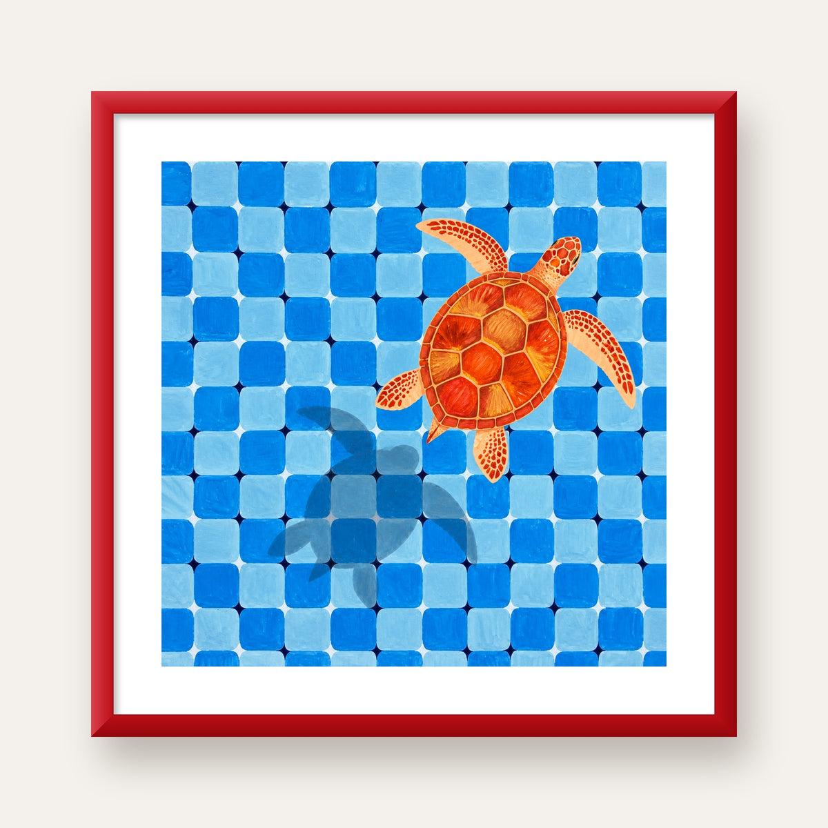 Deniz Kaplumbağası ve Mozaik Desen Modern Poster — kırmızı çerçeveli paspartulu