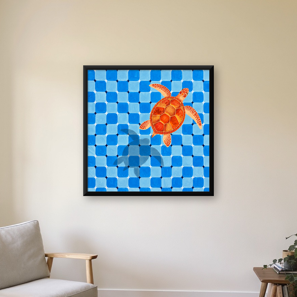 Deniz Kaplumbağası ve Mozaik Desen Modern Poster — Kare baskı, çerçeveli hâliyle bir ev duvarında