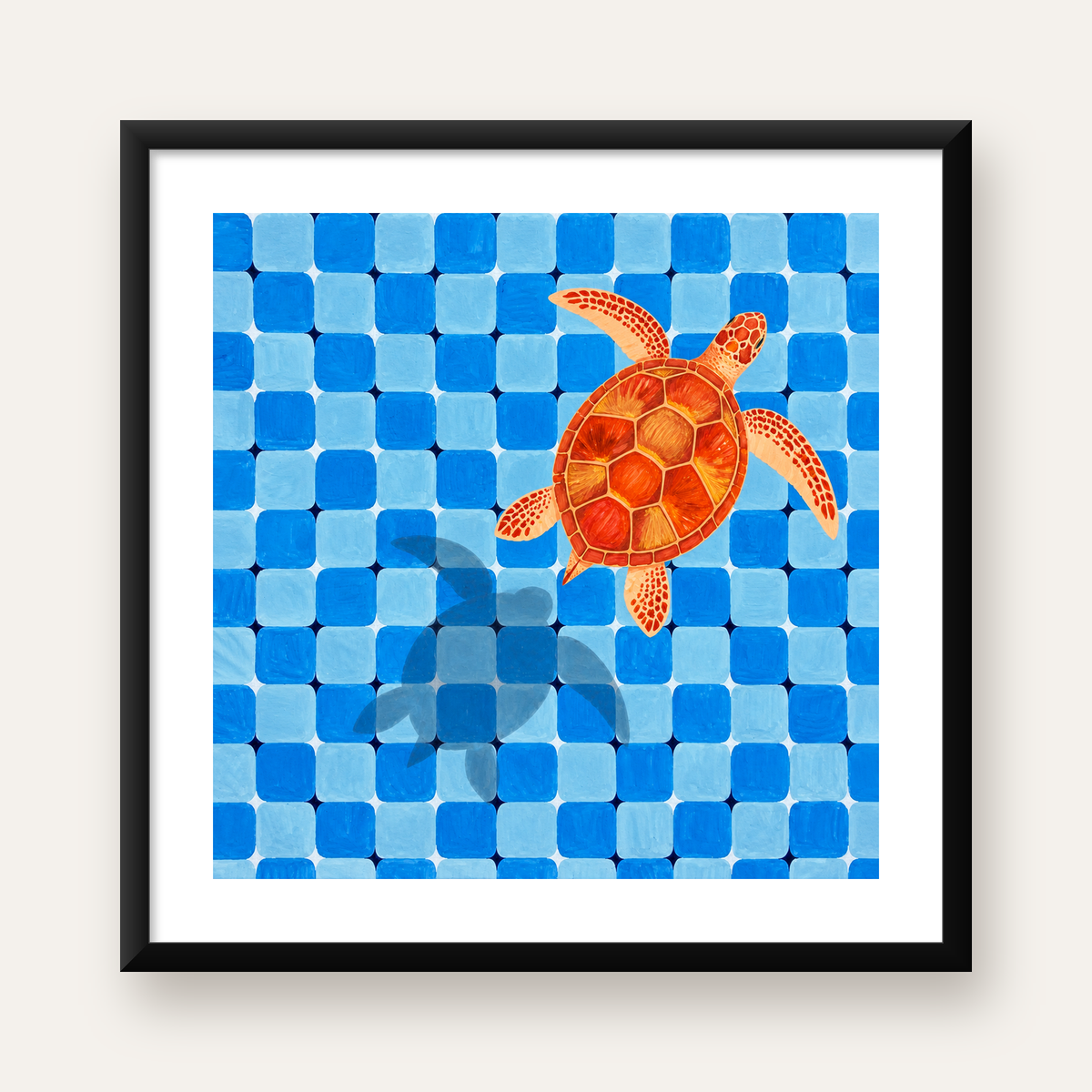 Deniz Kaplumbağası ve Mozaik Desen Modern Poster — Kare baskı, beyaz paspartulu