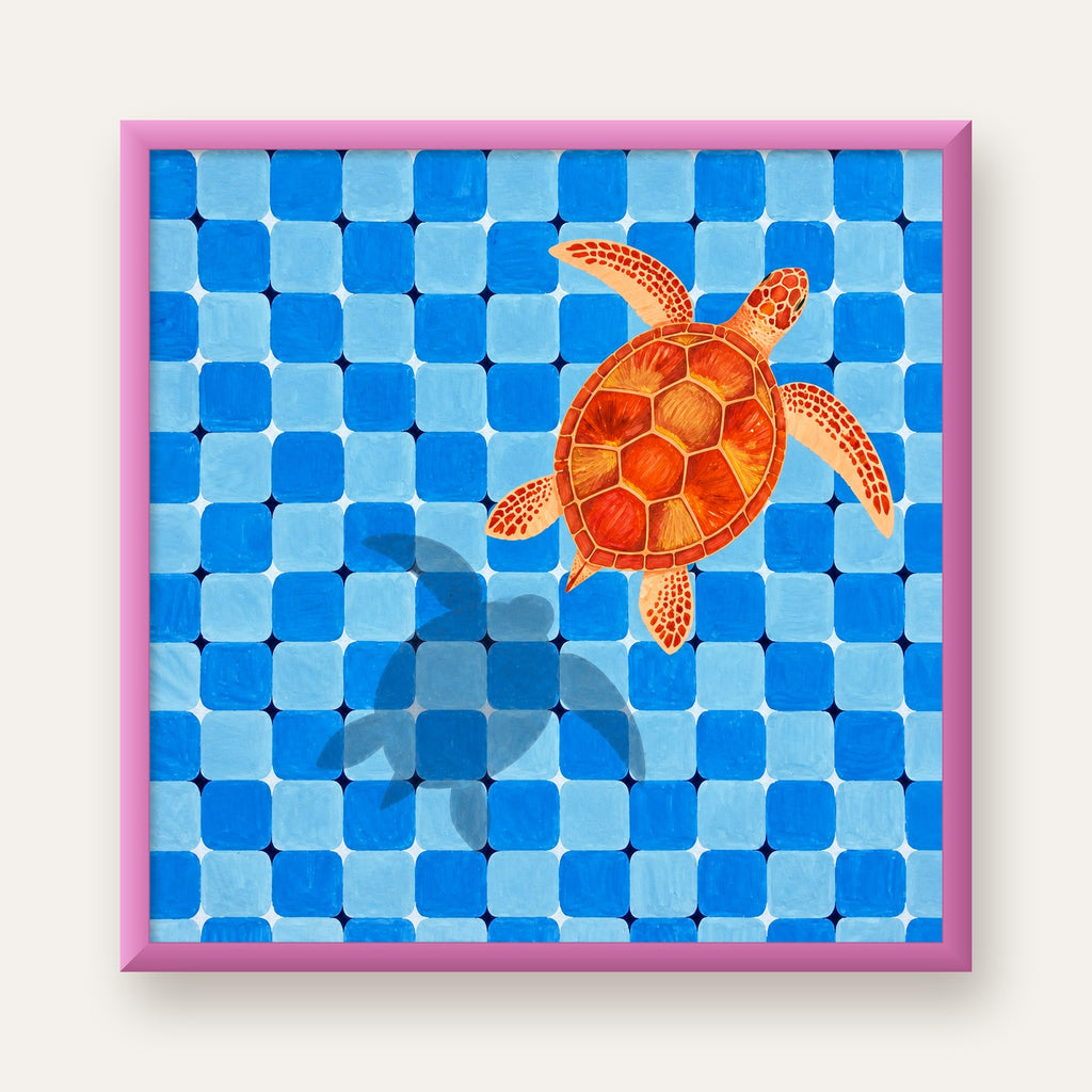 Deniz Kaplumbağası ve Mozaik Desen Modern Poster — pembe çerçeveli