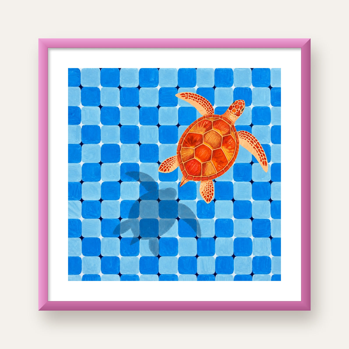 Deniz Kaplumbağası ve Mozaik Desen Modern Poster — pembe çerçeveli paspartulu