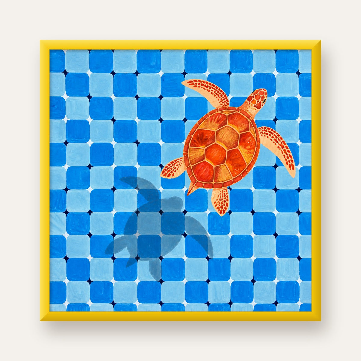 Deniz Kaplumbağası ve Mozaik Desen Modern Poster — sarı çerçeveli