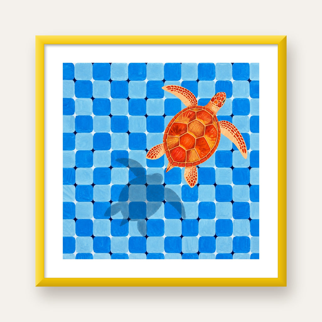 Deniz Kaplumbağası ve Mozaik Desen Modern Poster — sarı çerçeveli paspartulu