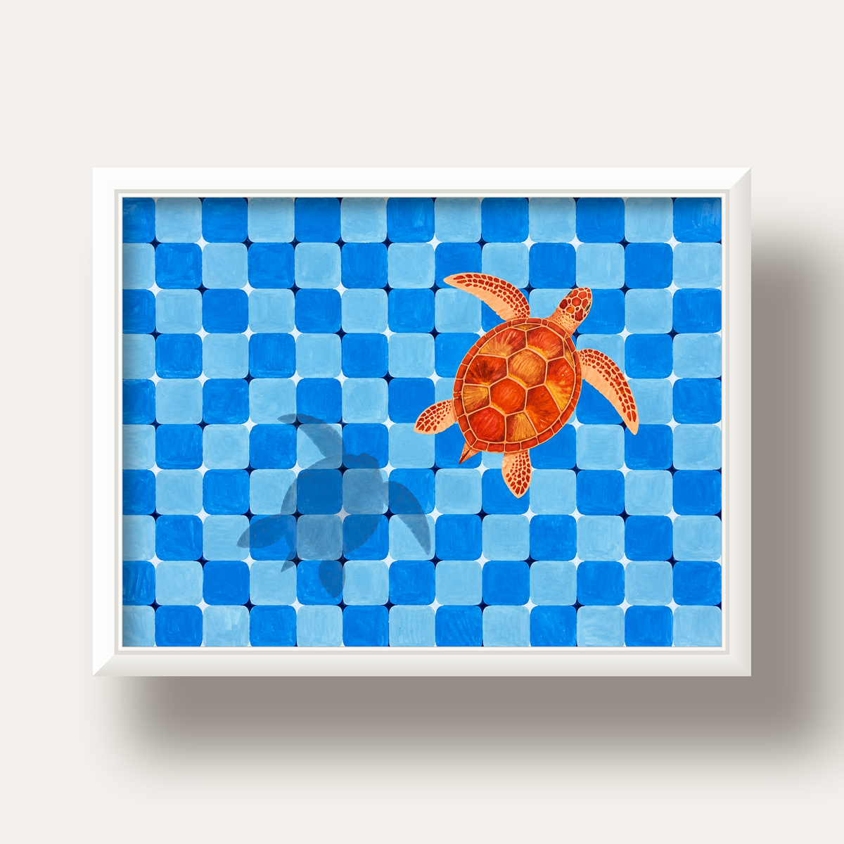 Deniz Kaplumbağası ve Mozaik Desen Modern Poster — beyaz derin çerçeveli