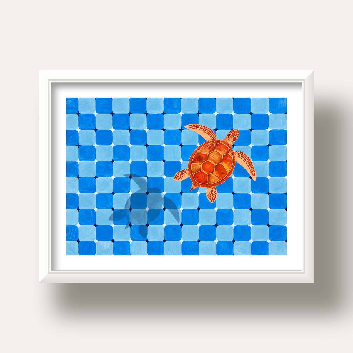 Deniz Kaplumbağası ve Mozaik Desen Modern Poster — beyaz derin çerçeveli paspartulu