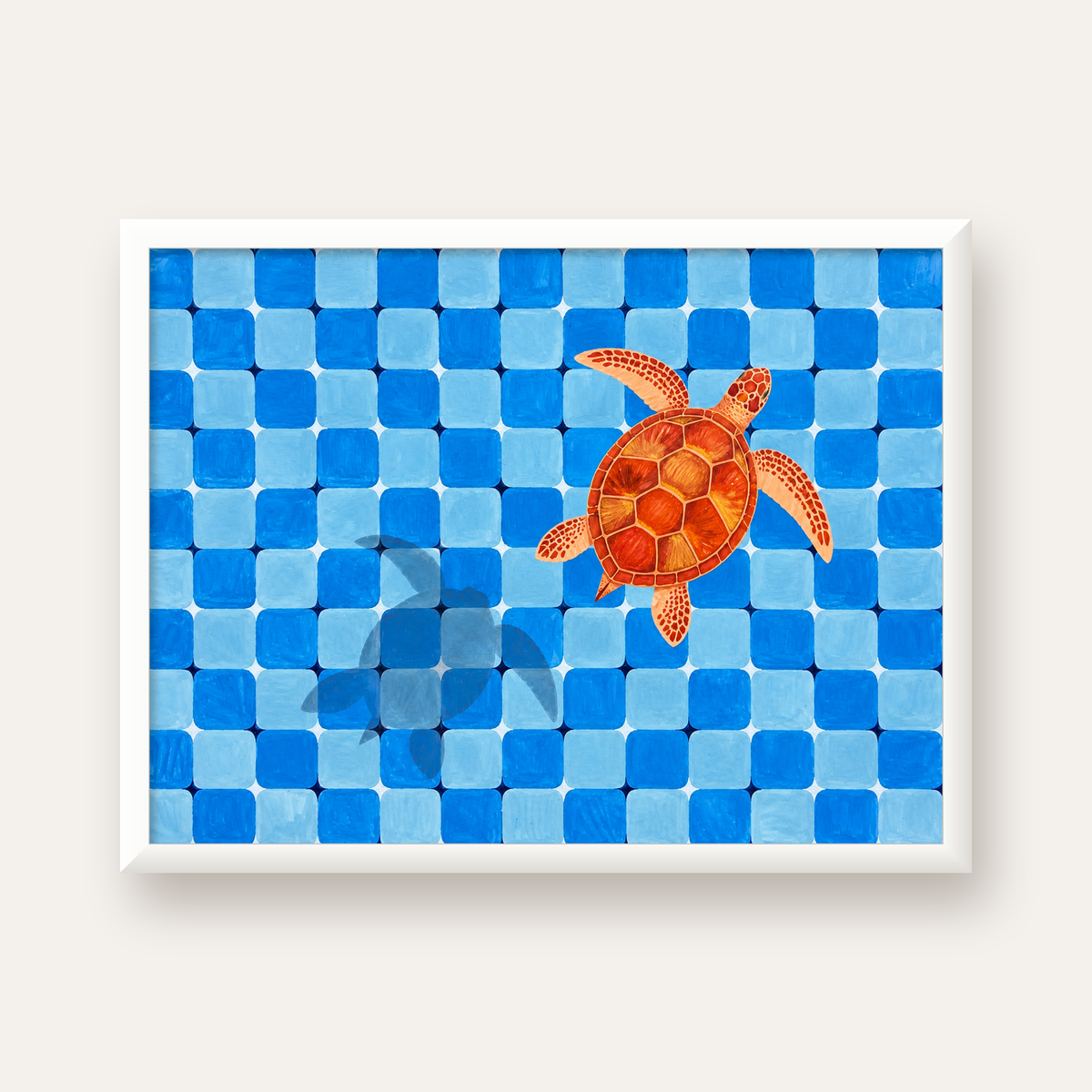 Deniz Kaplumbağası ve Mozaik Desen Modern Poster — beyaz çerçeveli yatay poster