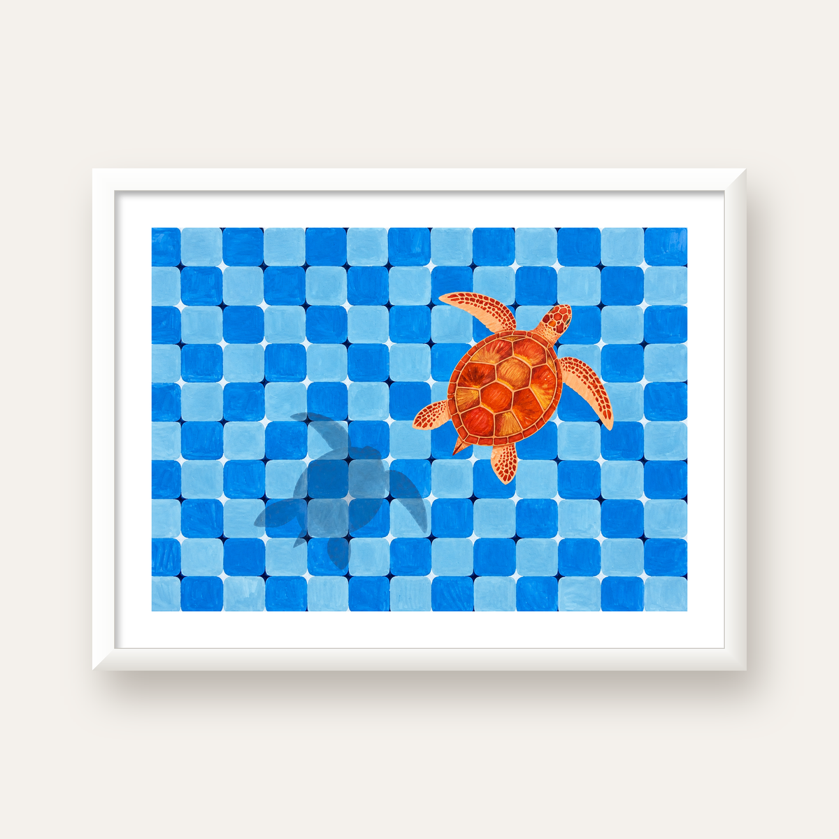 Deniz Kaplumbağası ve Mozaik Desen Modern Poster — beyaz çerçeveli yatay poster