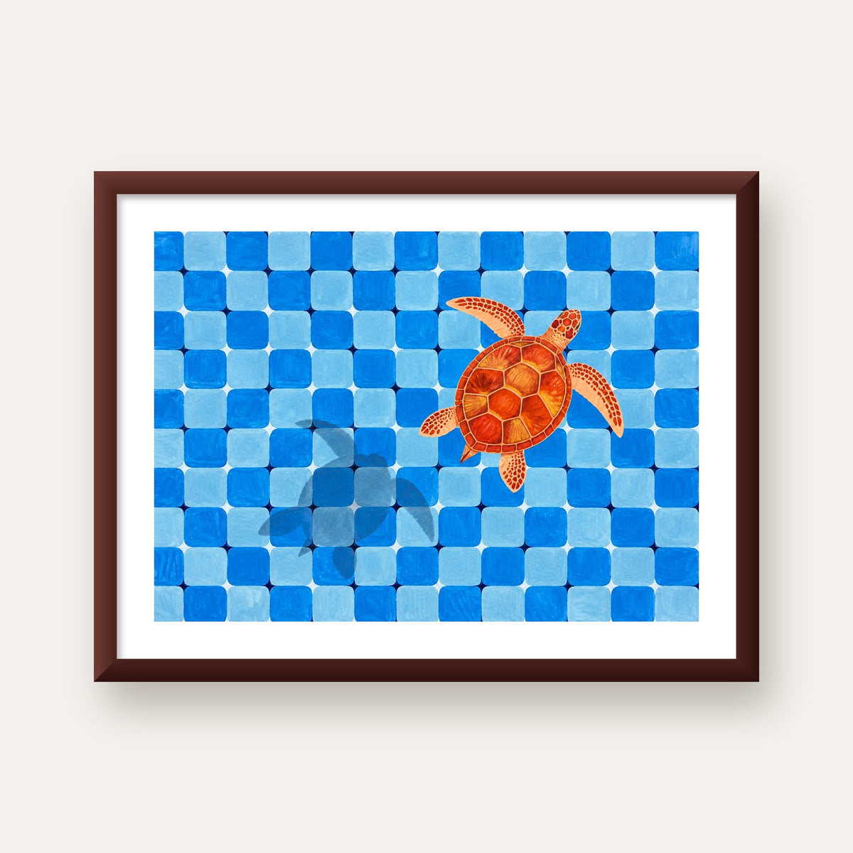 Deniz Kaplumbağası ve Mozaik Desen Modern Poster — ceviz çerçeveli paspartulu