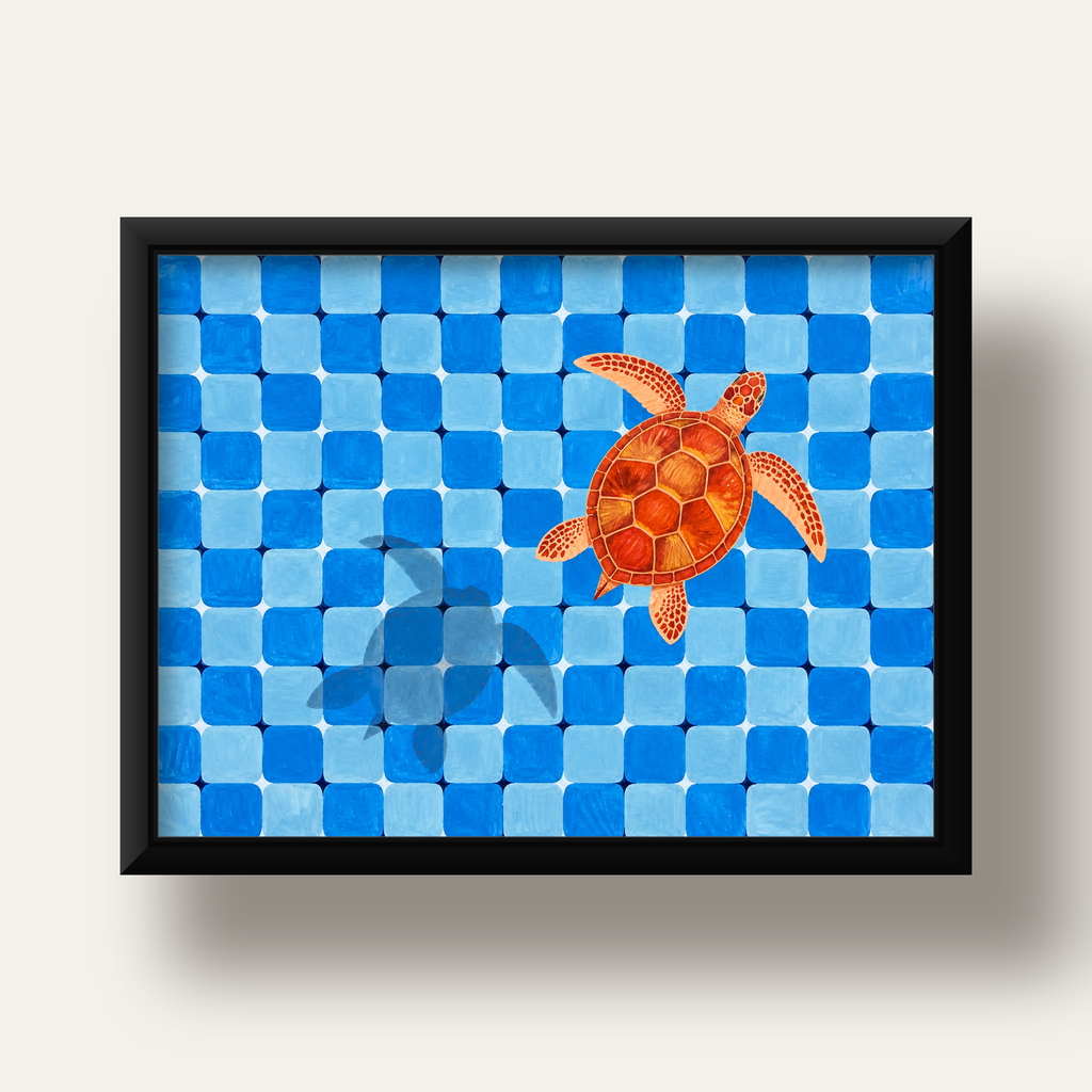 Deniz Kaplumbağası ve Mozaik Desen Modern Poster — siyah derin çerçeveli