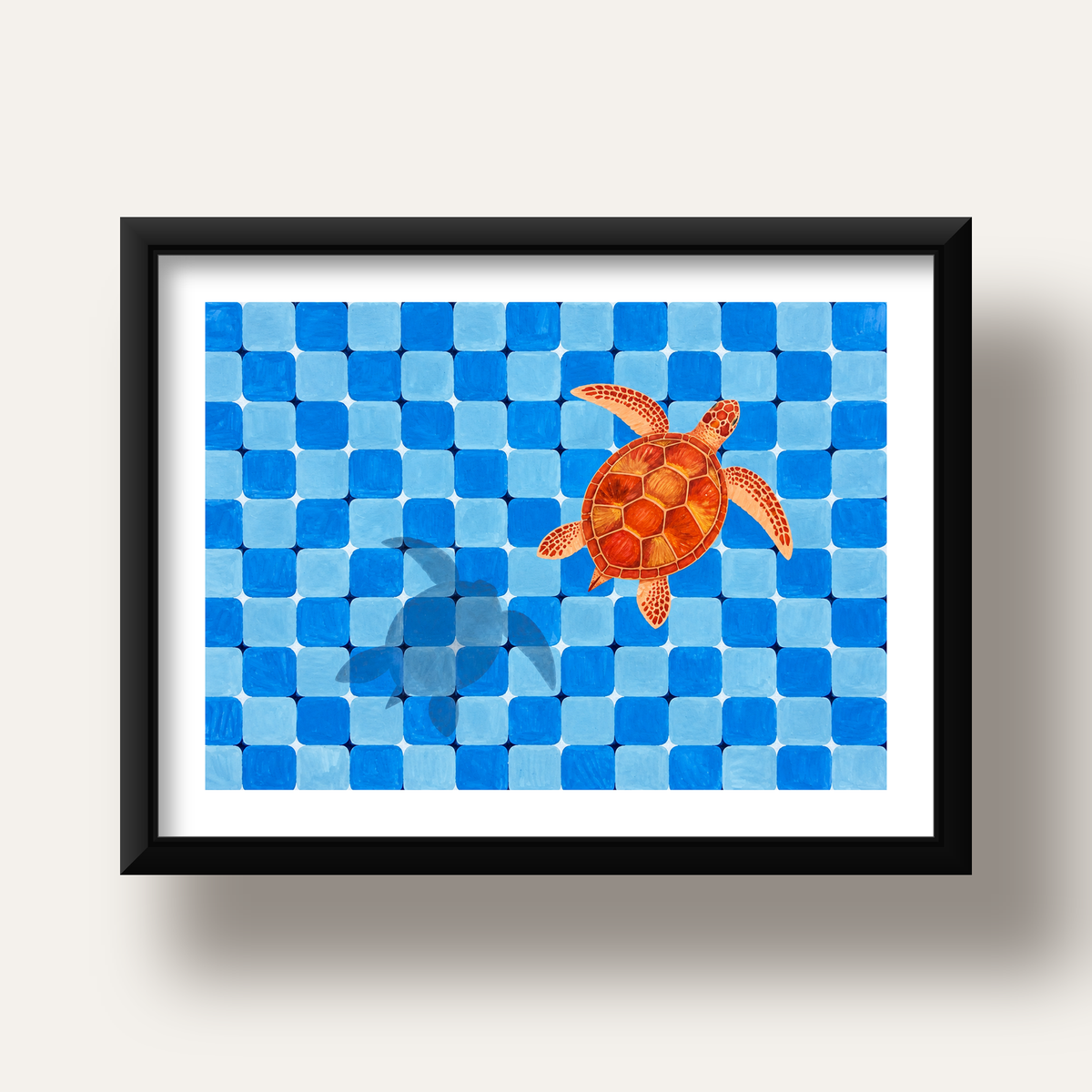 Deniz Kaplumbağası ve Mozaik Desen Modern Poster — siyah derin çerçeveli paspartulu