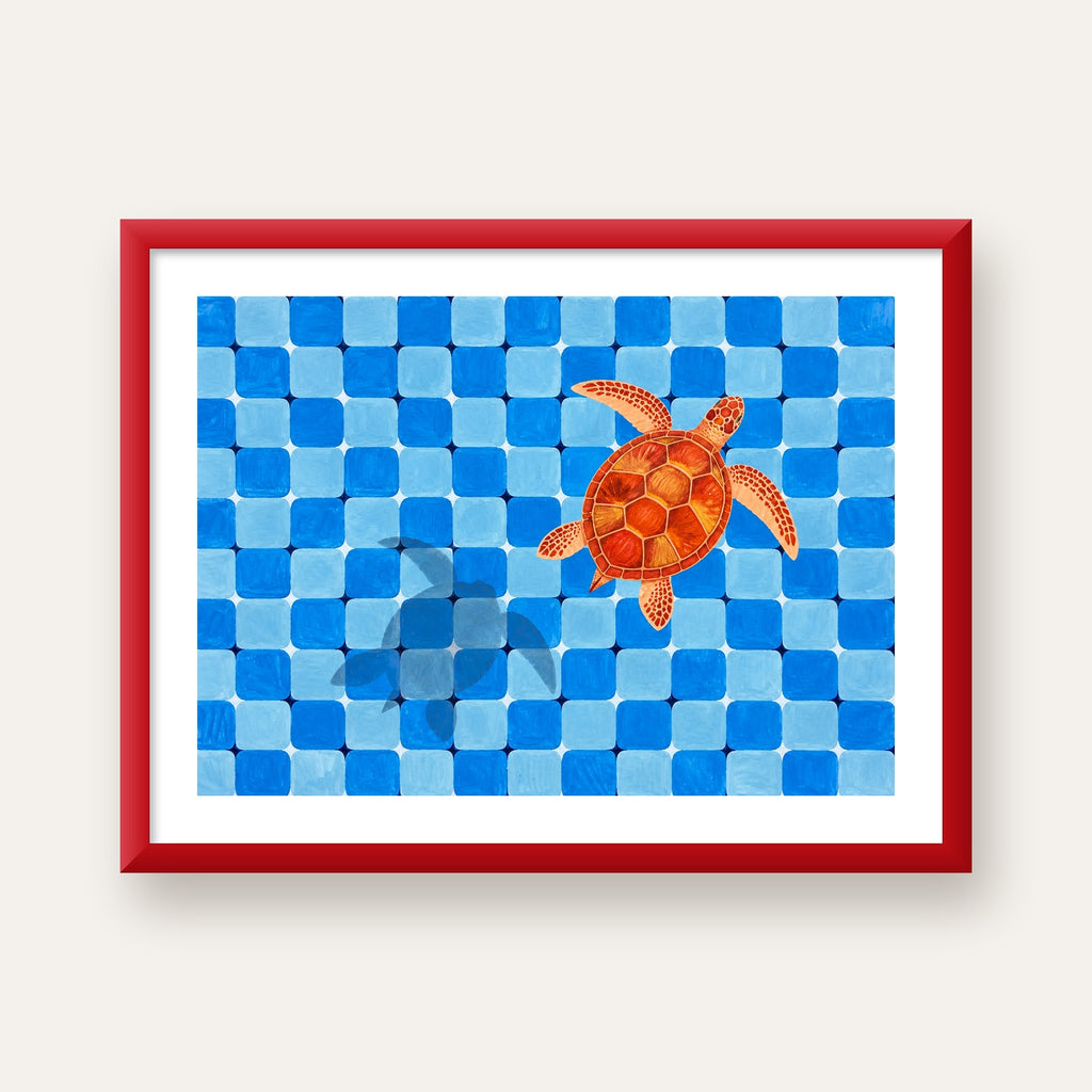 Deniz Kaplumbağası ve Mozaik Desen Modern Poster — kırmızı çerçeveli paspartulu