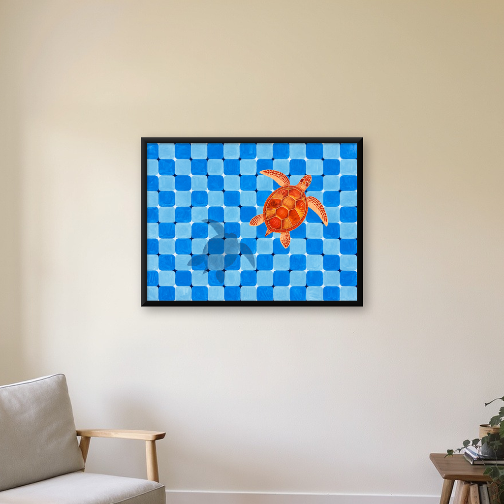 Deniz Kaplumbağası ve Mozaik Desen Modern Poster — Yatay baskı, çerçeveli hâliyle bir ev duvarında