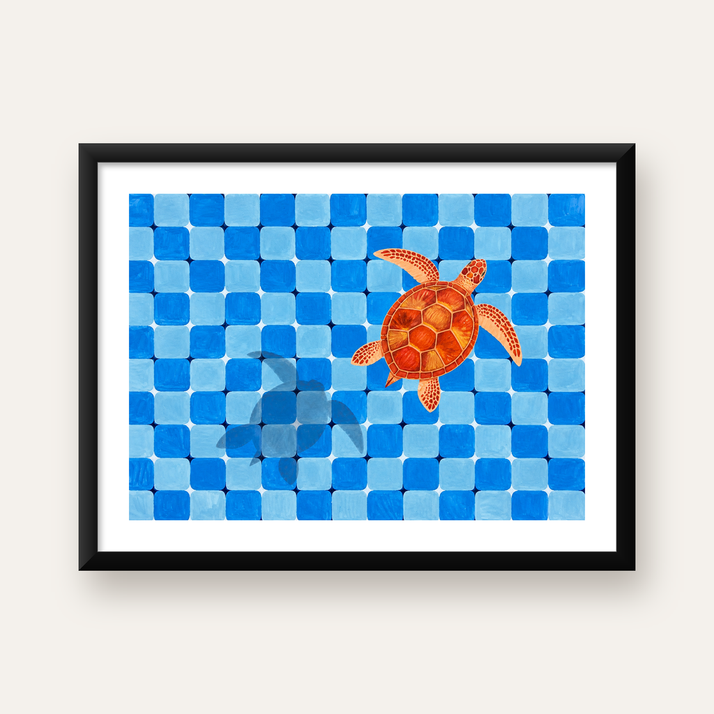 Deniz Kaplumbağası ve Mozaik Desen Modern Poster — Yatay baskı, beyaz paspartulu