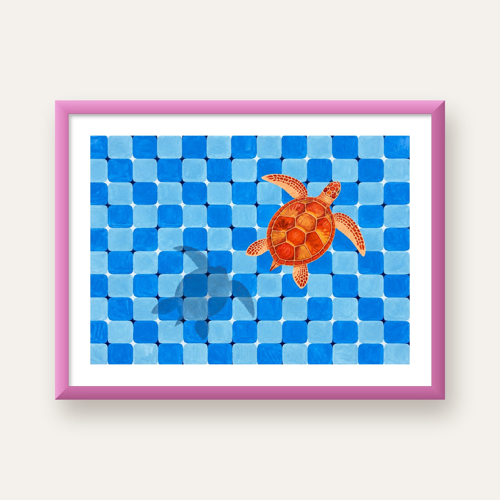 Deniz Kaplumbağası ve Mozaik Desen Modern Poster — pembe çerçeveli paspartulu