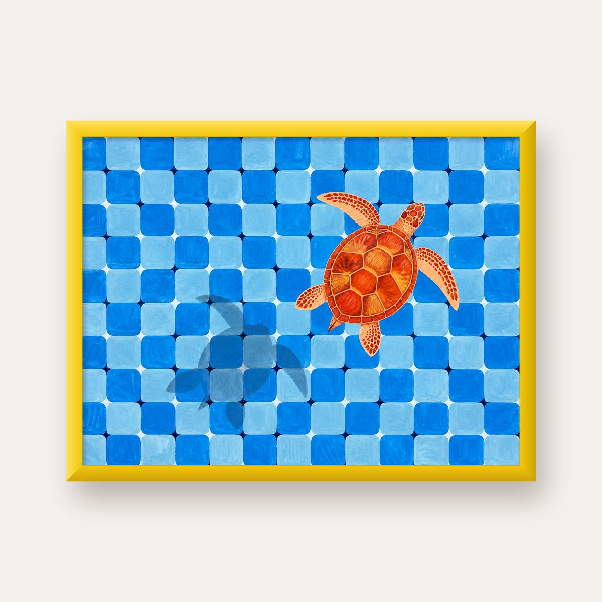 Deniz Kaplumbağası ve Mozaik Desen Modern Poster — sarı çerçeveli