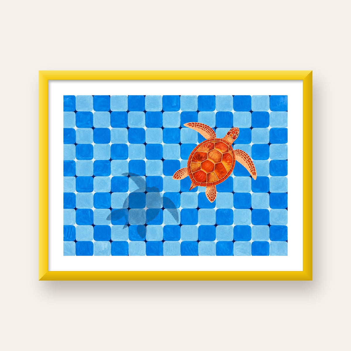 Deniz Kaplumbağası ve Mozaik Desen Modern Poster — sarı çerçeveli paspartulu