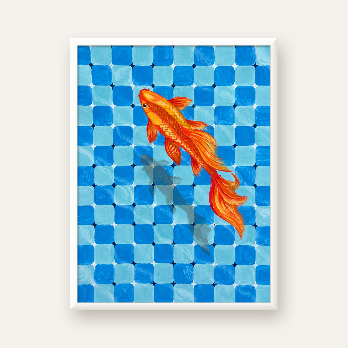 Turuncu Japon Balığı & Mozaik Zemin Poster – Modern Sanat Baskı — beyaz çerçeveli dikey poster