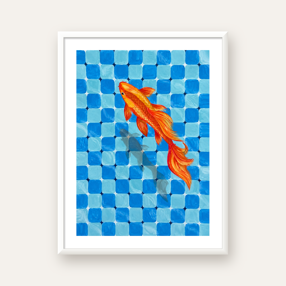 Turuncu Japon Balığı & Mozaik Zemin Poster – Modern Sanat Baskı — beyaz çerçeveli dikey poster
