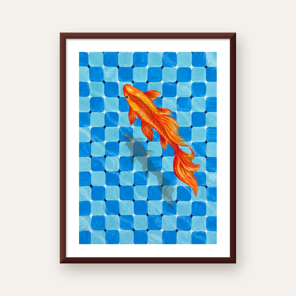 Turuncu Japon Balığı & Mozaik Zemin Poster – Modern Sanat Baskı — ceviz çerçeveli paspartulu
