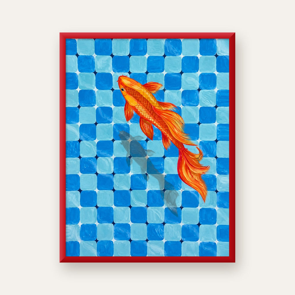 Turuncu Japon Balığı & Mozaik Zemin Poster – Modern Sanat Baskı — kırmızı çerçeveli
