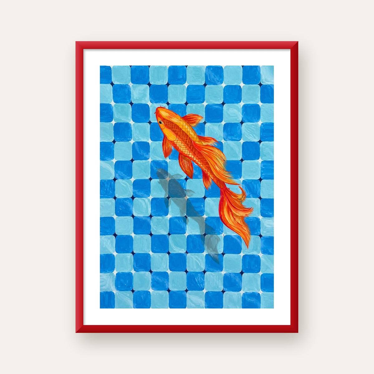 Turuncu Japon Balığı & Mozaik Zemin Poster – Modern Sanat Baskı — kırmızı çerçeveli paspartulu