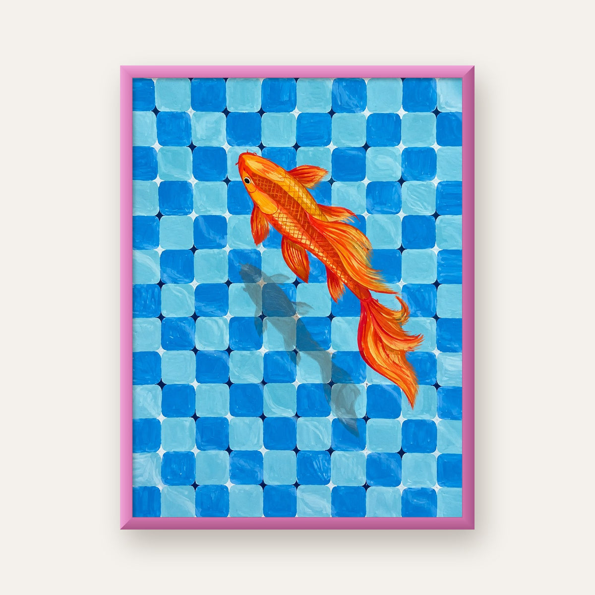 Turuncu Japon Balığı & Mozaik Zemin Poster – Modern Sanat Baskı — pembe çerçeveli