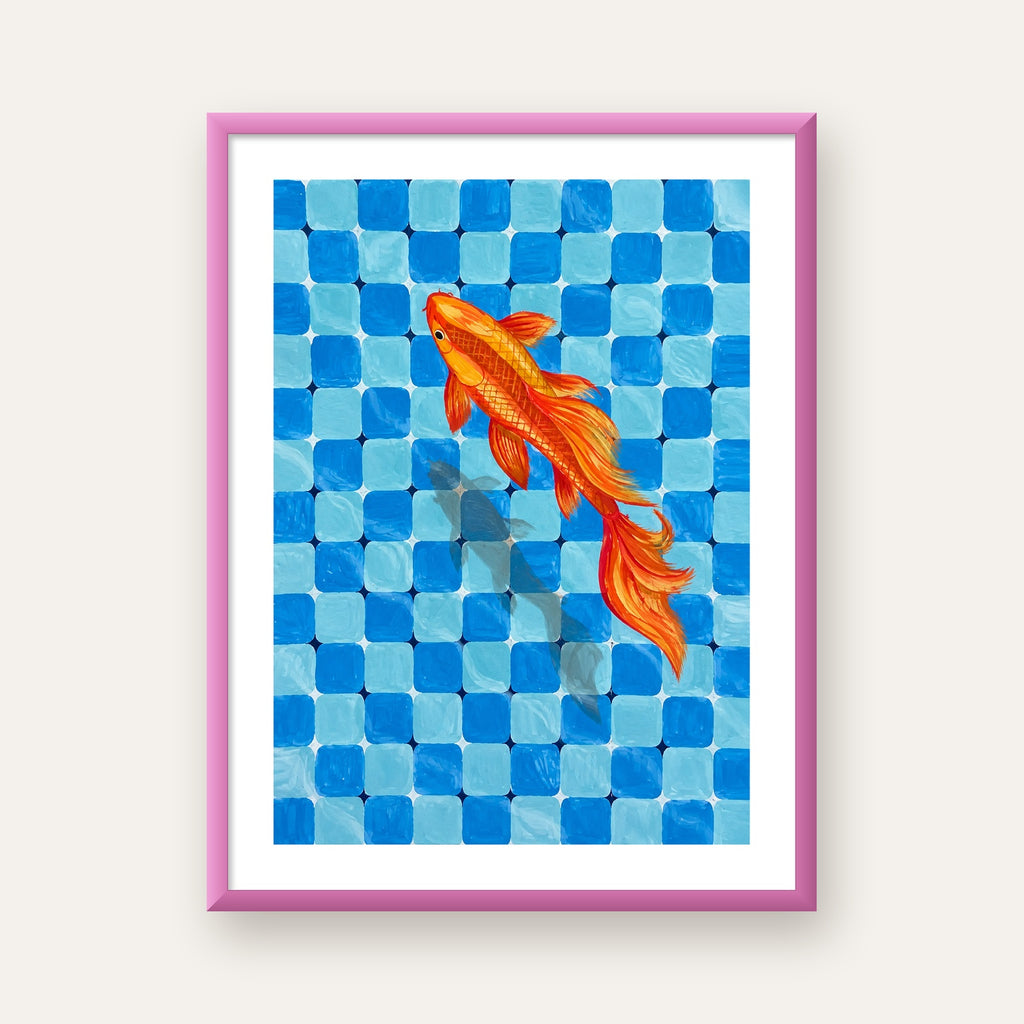 Turuncu Japon Balığı & Mozaik Zemin Poster – Modern Sanat Baskı — pembe çerçeveli paspartulu
