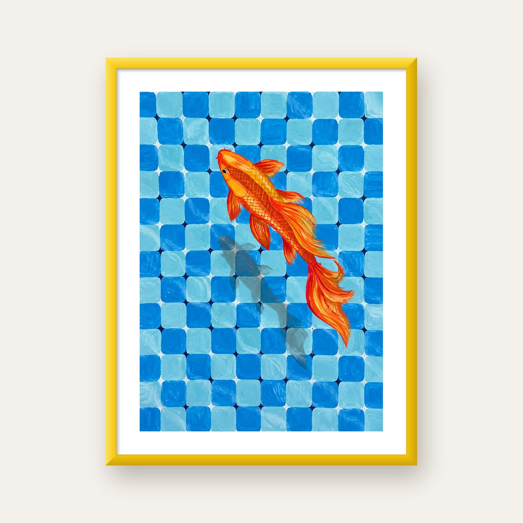 Turuncu Japon Balığı & Mozaik Zemin Poster – Modern Sanat Baskı — sarı çerçeveli paspartulu