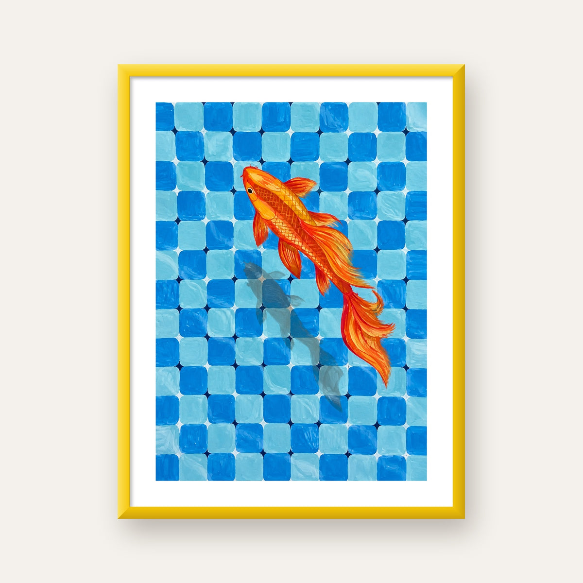 Turuncu Japon Balığı & Mozaik Zemin Poster – Modern Sanat Baskı — sarı çerçeveli paspartulu