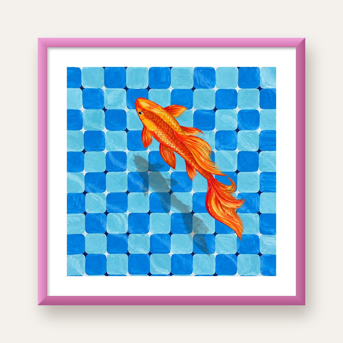 Turuncu Japon Balığı & Mozaik Zemin Poster – Modern Sanat Baskı — pembe çerçeveli paspartulu