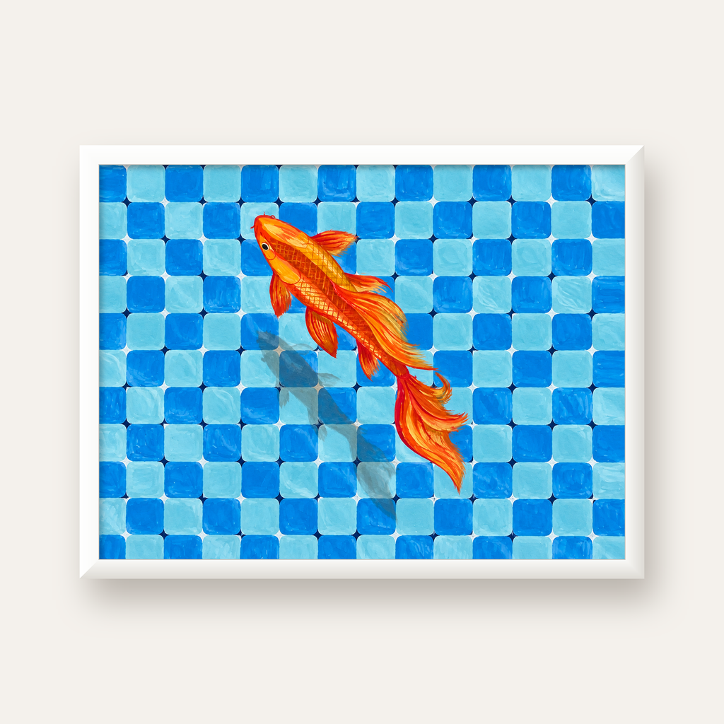 Turuncu Japon Balığı & Mozaik Zemin Poster – Modern Sanat Baskı — beyaz çerçeveli yatay poster