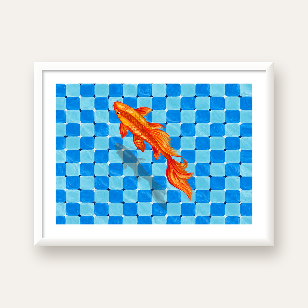 Turuncu Japon Balığı & Mozaik Zemin Poster – Modern Sanat Baskı — beyaz çerçeveli yatay poster