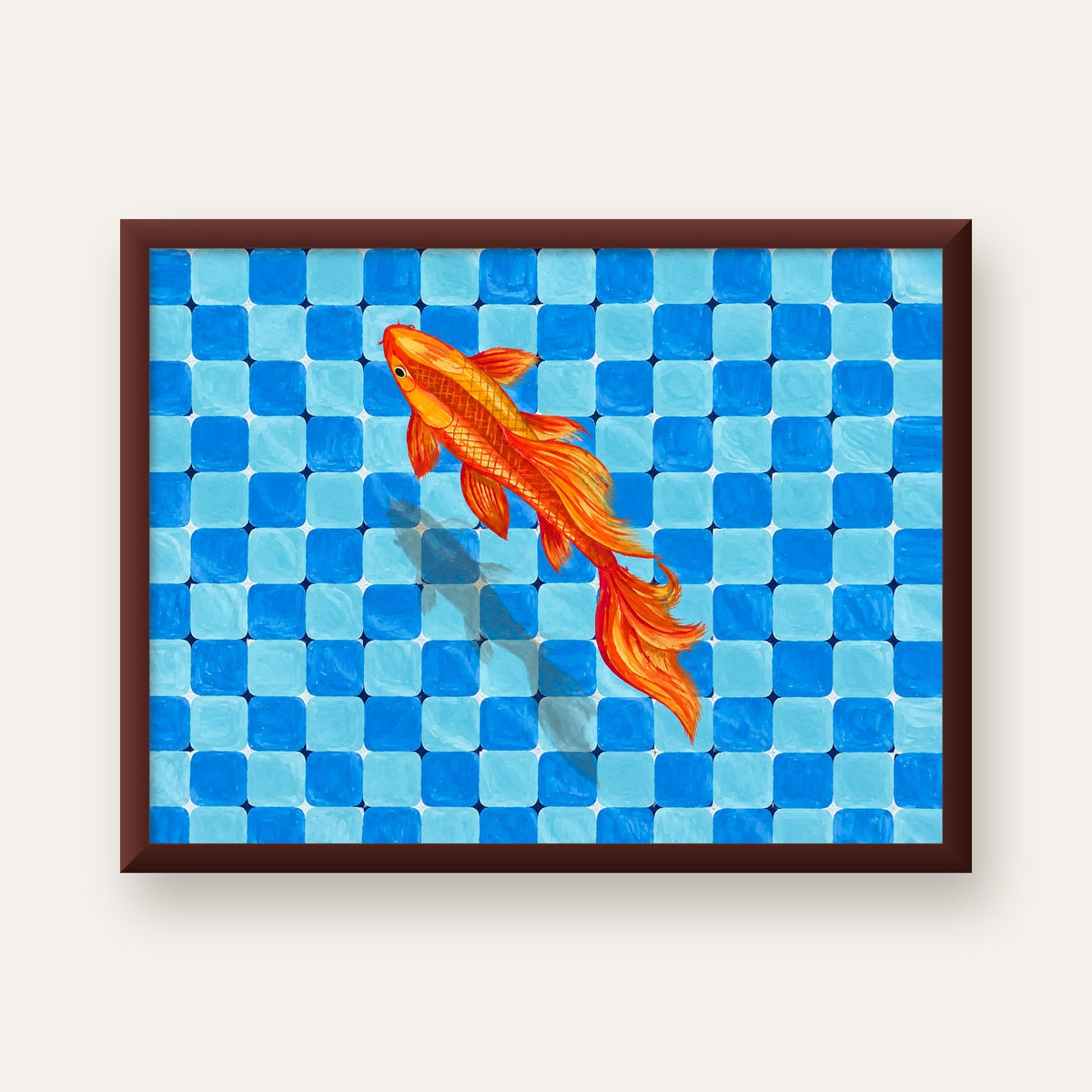 Turuncu Japon Balığı & Mozaik Zemin Poster – Modern Sanat Baskı — ceviz çerçeveli
