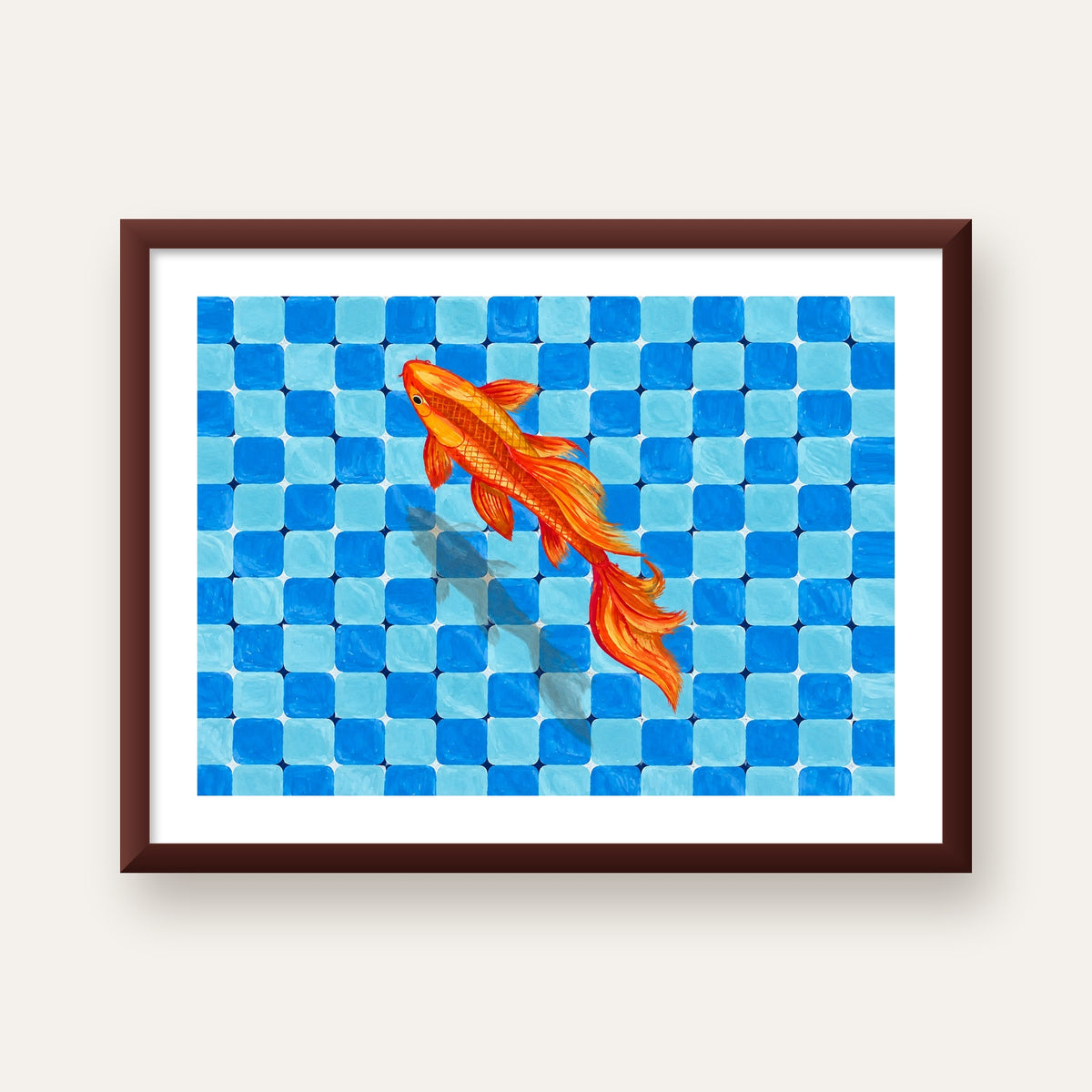 Turuncu Japon Balığı & Mozaik Zemin Poster – Modern Sanat Baskı — ceviz çerçeveli paspartulu