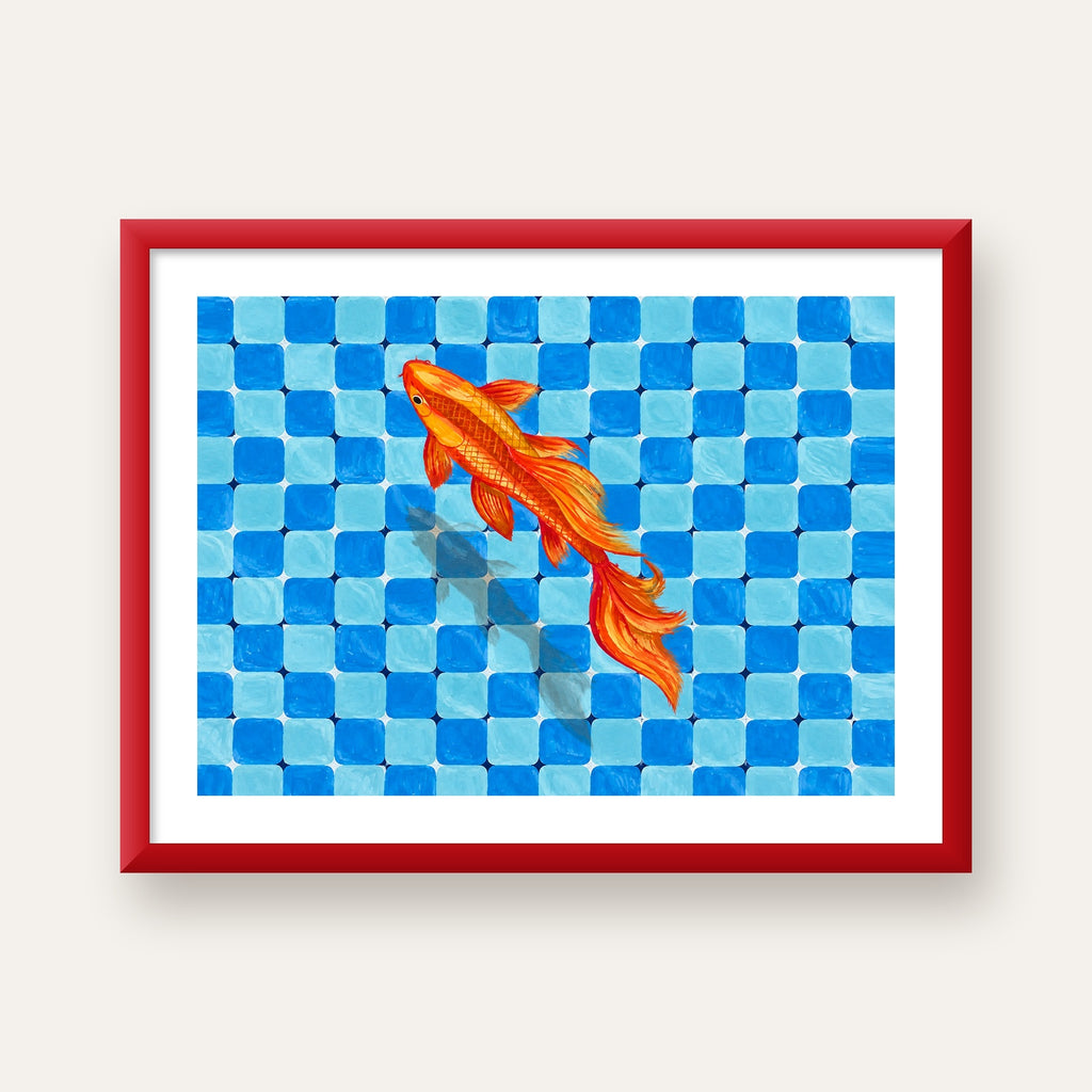Turuncu Japon Balığı & Mozaik Zemin Poster – Modern Sanat Baskı — kırmızı çerçeveli paspartulu