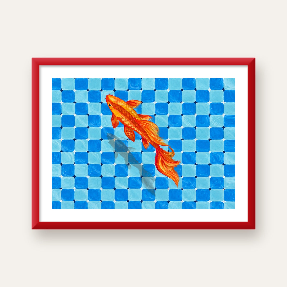 Turuncu Japon Balığı & Mozaik Zemin Poster – Modern Sanat Baskı — kırmızı çerçeveli paspartulu