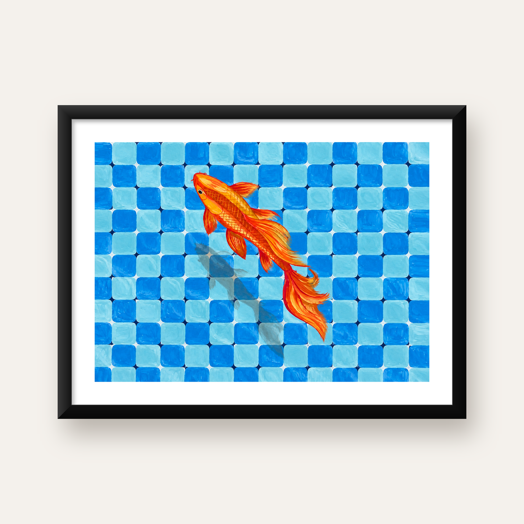 Turuncu Japon Balığı & Mozaik Zemin Poster – Modern Sanat Baskı — Yatay baskı, beyaz paspartulu