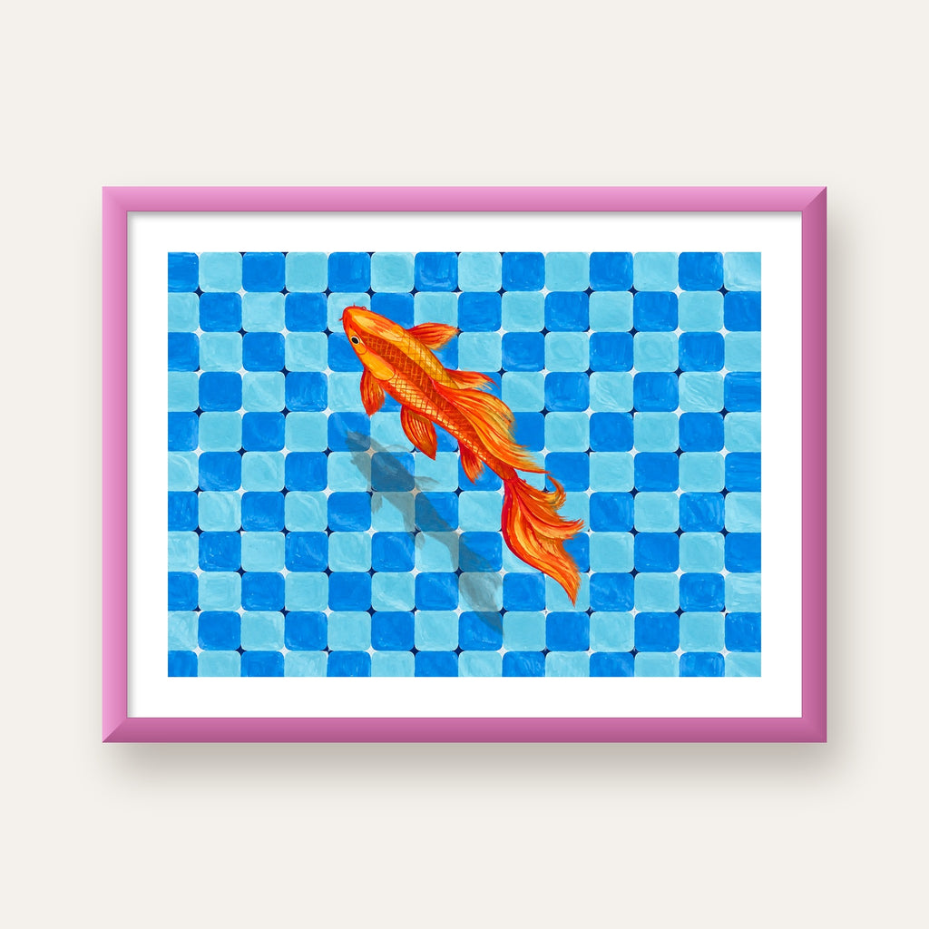 Turuncu Japon Balığı & Mozaik Zemin Poster – Modern Sanat Baskı — pembe çerçeveli paspartulu